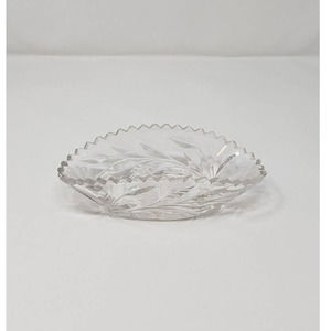Vintage Sawtooth Cut Lead Crystal Oval Relish Dish with flower pattern